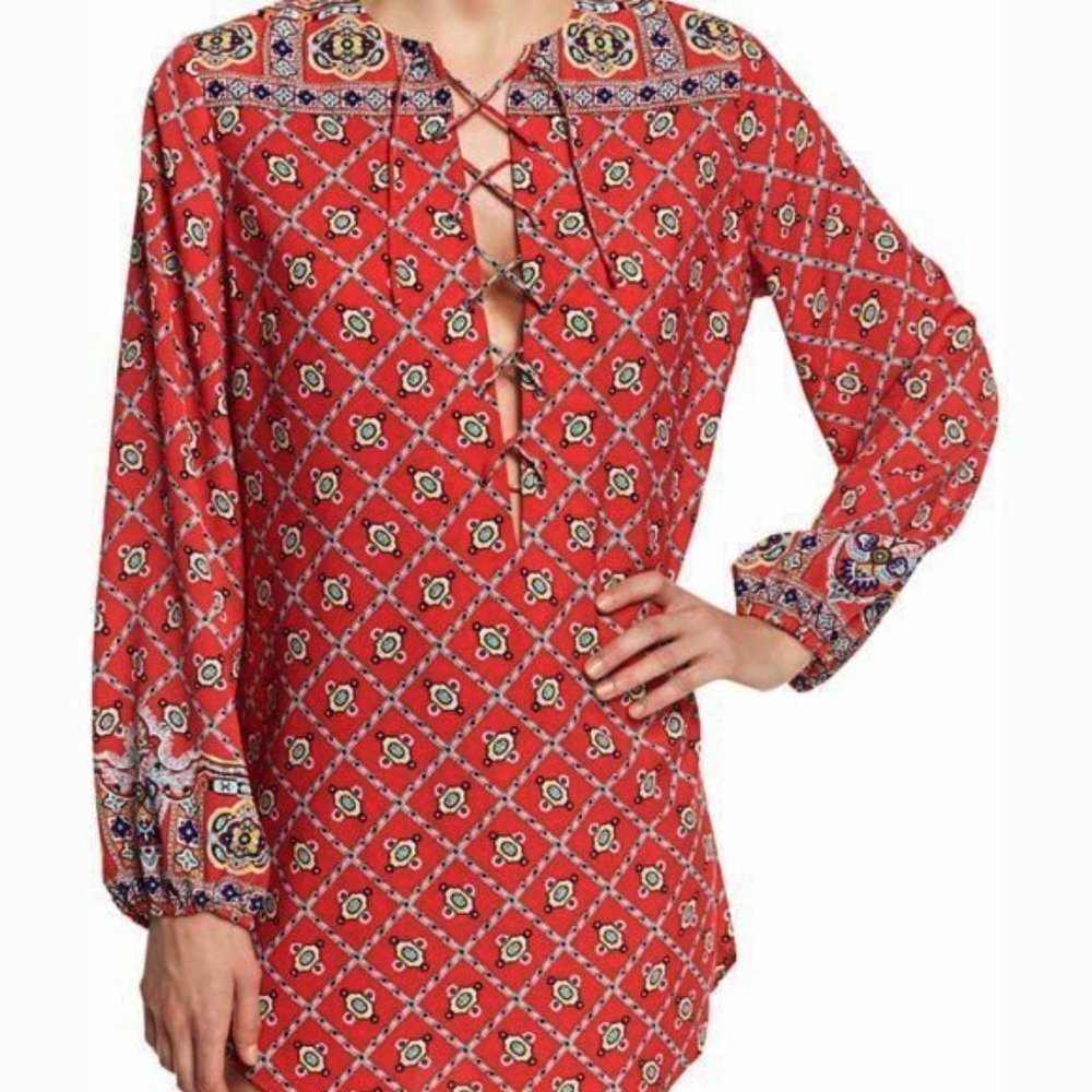 NWT Nanette Lepore Pretty Tough Ruby  Printed Lace Up Tunic Swimwear Cover Up XS